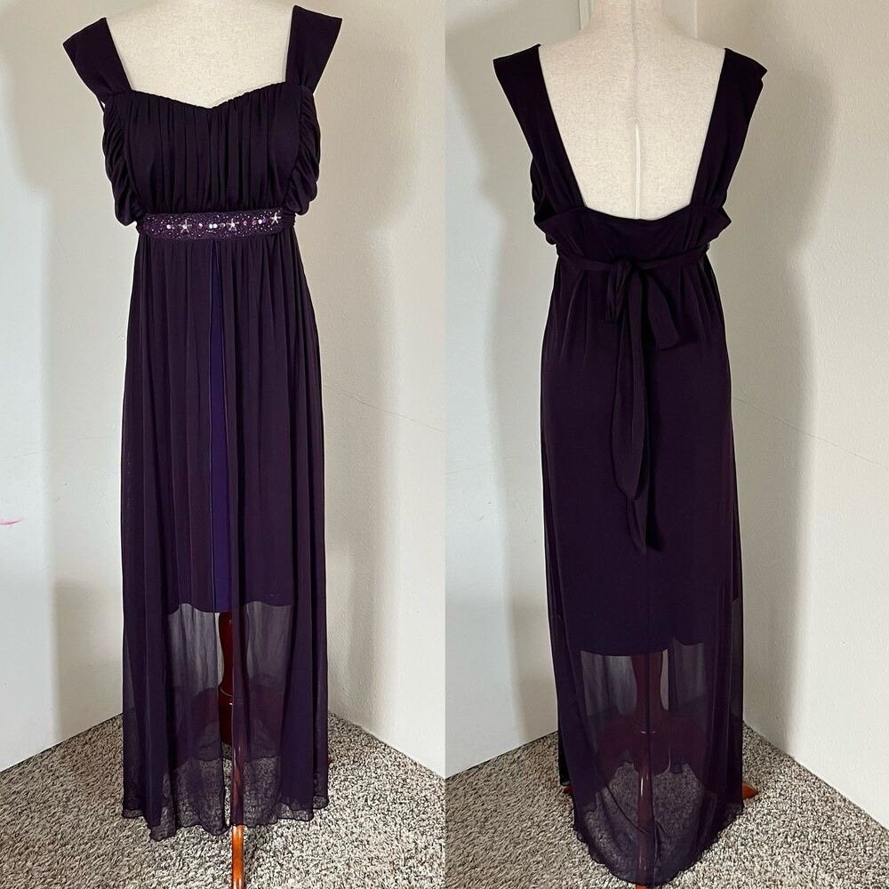 Connected Apparel Maxi Dress Sz 14W Purple Retro Formal Y2K Sequin Mesh Mermaid